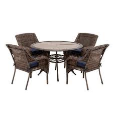 Hampton Bay Cambridge 5 Piece Brown Wicker Outdoor Patio Dining Set With Standard Midnight Navy Blue Cushions 65 7148b5 The Home Depot Patio Dining Set Outdoor Dining Chairs Blue Cushions