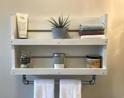 Bathroom Shelf With Towel Bar White Distressed Wood Shelf Etsy In 2020 Wall Mounted Bathroom Storage Bathroom Shelves Bathroom Storage Shelves