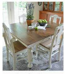 Square Dining Table And 4 Chairs Cream Painted Legs Lightly Distressed With Medium Oak Brown Stained Tabl Antique Dining Tables Furniture Dining Table Chairs