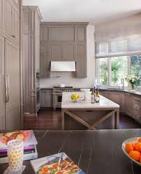 oddly shaped kitchen with gray cabinets