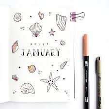 Hello January Happy New Year Decided To Go With A Beachy Shell Theme For Jan As It Is The Middle Of Summer Bullet Journal Deckblatt Journal Tagebuchdeckel