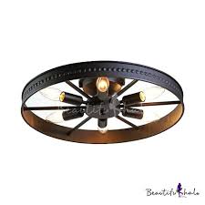Wrought Iron Wheel Lighting Fixture Vintage Industrial 6 Lights Flush Mount Industrial Flush Mount Light Fixture Vintage Industrial Light Fixtures Flush Mount