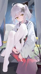 teketi, scene (arknights), scene (betsushi) (arknights), arknights,  absurdres, commentary request, highres, 1girl, ahoge, black bow, bow,  closed mouth, crossed legs, curtains, feet, full body, grey hair, hair bow,  japanese clothes, kimono, knees