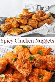 Invented in the 1950s, chicken nuggets have become a very popular fast food restaurant item, as well as widely sold frozen for home use. Spicy Chicken Nuggets Chicken Nugget Recipes Spicy Chicken Nuggets Recipe Chicken Dishes Recipes
