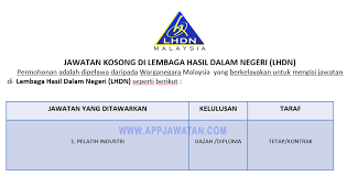 Pengambilan jawatan kosong ini telah dibuka kepada seluruh warganegara malaysia yang berminat dengan jawatan kosong yang ditawarkan. Jawatan Kosong Di Lembaga Hasil Dalam Negeri Lhdn Appkerja Malaysia