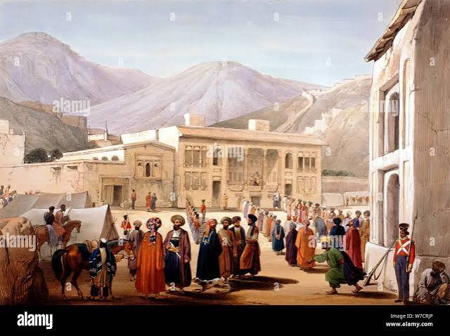 Shah Shoja, puppet of the British, holding a durbar at Kabul, First Anglo- Afghan War, 1838-1842. Artist: James Atkinson Stock Photo - Alamy