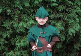 He also has a blue scarf or neckerchief and carries weapons such as bow and arrow or a spear. Diy Handmade Kids Robin Hood And Friar Tuck Halloween Costumes