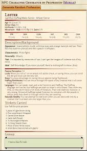 By Far The Best Npc Character Generator I Ve Found Works For Desktop Mobile And Tablet Browsers Includes All Official Races From E In 2020 Generation Npc Character