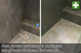 See a variety of bathroom flooring options including ceramic, porcelain, slate, granite, vinyl, linoleum and marble. Renovating A Limescale Stained Riven Slate Shower In Teddington South Middlesex Tile Doctor