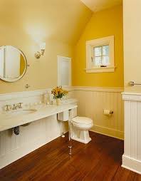 Yellow Bathroom White Wainscotting And Hardwood Floors Tile This Is My Dream Bathroom Yellow Bathrooms Yellow Bathroom Decor Beadboard Bathroom