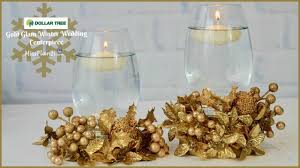 We wrapped clear tape around the pickle jar before spraying to create a striped pattern, and gave both bottles two coats. 8 Dollar Tree Diy Gold Glam Wedding Centerpieces
