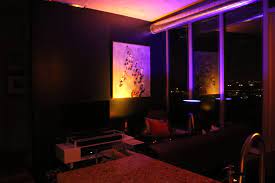 Living Room At Night With Philips Hue Gold Blue Light Combo Philips Hue Lights Hue Philips Hue Lights