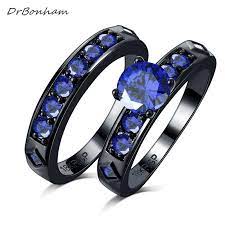 Drbonham Never Fade Shiny Blue Cubic Zircon Engagement Couple Rings Sets Black Gold Filled Wedding A Rings Jewelry Fashion Couples Ring Set Engagement Jewelry
