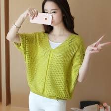 Chic áo sơ mi nữ ngắn tay trùm đầu áo len rỗng đan áo mỏng bat