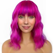 Short Bob Wigs with Bangs for Women Loose Wavy Hair Shoulder Length Rose  Mix Purple Wigs Synthetic Colorful Wigs for Cosplay Daily PartyUse(Rose Mix  ...