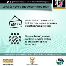 There are 4 tiers for local restrictions The Presidency Of The Republic Of South Africa As South Africa Enters Level 2 Of The Lockdown On August 18 Hotels Other Accommodation Provides Will Be Permitted To Host Leisure