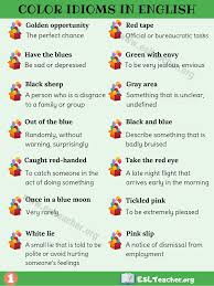 Color Idioms 29 Awesome Color Idioms To Develop Your English Esl Teacher English Idioms English Vocabulary Words Learn English Words