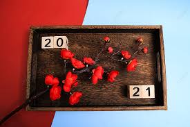 زهرة البرقوق الأحمر ولوحة أرقام 2021 على صينية خشبية بنية داكنة سنه جديده ورق الجدران بني غامق صورة الخلفية للتحميل مجانا