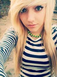 Cute blue eyed blonde haired girl, with jeans. Blond Scene Hair Striped Sweater Spongebob Scene Hair Emo Scene Hair Hair Styles