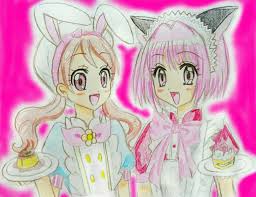 cure whip, momomiya ichigo, usami ichika, kirakira precure a la mode,  precure, tokyo mew mew, 2girls, akepi, animal ears, blush, bow, cat ears,  female focus, food, long hair, multiple girls, open mouth,