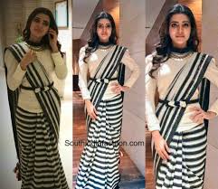 Black And White Striped Saree Blouse Samantha Striped Saree With Shirt Blouse Long Blouse Designs Indian Saree Blouses Designs Stylish Sarees