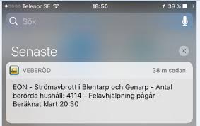 Pågående och avslutade strömavbrott i ett specifikt område. Veberod Nu Ni Som Har Veberodsappen Installerad Fick For Ett Litet Tag Sedan En Notis Om Stromavbrott Ar Det Nagot Ni Vill Ha I Fortsattningen Andra Typer Av Notiser Notis Omfattande Stromavbrott