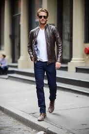 Black Jeans And Dark Brown Boots Men S Dark Brown Leather Bomber Jacket White V Neck T Shirt Navy Skinny Jeans Dark Brown Leather Casual Boots Mens Outfits Mens Fashion Suits White Jeans Men