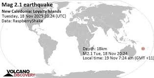 Sismo débil mag. 2.1 (unconfirmed) - New Caledonia: Loyalty Islands, miércoles 19 nov 2025 a las 07:24 (GMT +11)