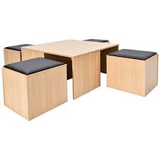 Fdinspiration 5pcs Wood Coffee Table Set Black Cushion Stool Space Saving W 4 Storage Wood Table Living Room Living Room Table Sets Coffee Table And Chairs Set