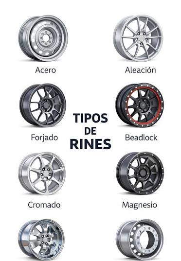 🛞 Tipos de rines automotrices 1️⃣ Rines de acero 🔧 Los más básicos y resistentes. Características: Pesados Muy resistentes a golpes Económicos Uso común: autos de trabajo, repuesto, camionetas básicas. 👉 Se