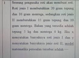 Tepung dan mentega memiliki persediaan masing masing 2,25 kg dan 1,5 kg tentukan x dan y pada himpunan penyelesaian yang menjadikan x+y maksimum. 1 Seorang Pengusaha Roti Akan Membuat Roti Roti Jenis I Membutuhkan 20 Gram Tepungdan 10 Gram Brainly Co Id