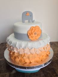 Orange Ombre Petal Cake W Elephant Topper And Ruffle Flower Baby Shower Cake Baby Shower Cakes Baby Shower Cake Topper Cake Decorating With Fondant