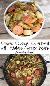 This Smoked Sausage Sauerkraut Stew With Potatoes And Green Beans Is An Old Fash Smoked Sausage And Sauerkraut Recipe Smoked Sausage Recipes Saurkraut Recipes