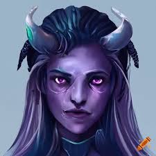 Portrait of a Tiefling Echo Knight Bard with purple skin, silver eyes, and  dark navy blue hair adorned with jewelry