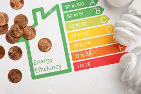 Coins And Light Bulbs On Energy Efficiency Rating Chart Top