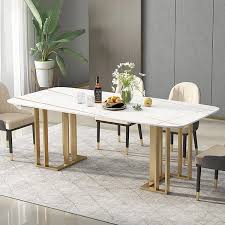 For a sleek, modern appearance, try a glass top dining room set with a clear pane resting on a metal base. 55 1 White Dining Table With Rectangular Stone Top Metal Frame