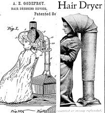 First Hairdryer, 1888 Invented by French stylist Alexandre Ferdinand  Godefroy, the patent illustration on the left is from the registered 1888  patent. The image on the right is from 1900.