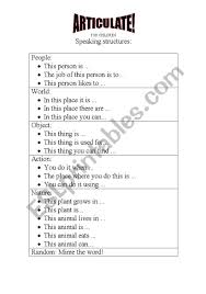 We did not find results for: Articulate For Children Enjoyable Describing Game Speaking Structures And Playing Cards Esl Worksheet By Eflmon