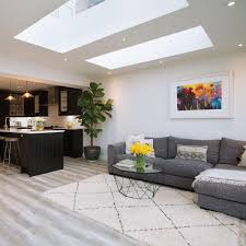 Open shelving mounted on steel brackets support dishes and provide for light from above. Plus Rooms Home Extensions On Instagram Wonderful Example Of Open Plan Living In This Open Plan Kitchen Living Room Open Living Room Open Plan Living Room