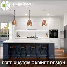 We're head over heels for this soft blue, modern kitchen. Durable Popular Pvc Membrane Safe And Comfortable Blue And White Kitchen Island White Shaker Kitchen Cabinets China Modular Kitchen Cabinet Modern Kitchen Furniture Made In China Com
