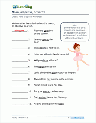 Nouns, verbs, adjectives, adverbs, pronouns and other parts of speech. Noun Adjective And Verb Worksheets K5 Learning
