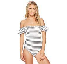 Vince Camuto Women S Blossom Stripes Ruffled Shoulder One Piece Swimsuit Black 4 755448588787 Ebay