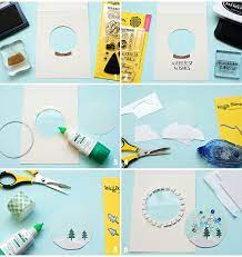 Stick a design paper triangle (same size as the plastic sheet) on the white card using adhesive tape. Waffle Flower Snow Globe Shaker Cards Mayholic In Crafts