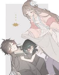 guizhong (genshin impact), xiao (genshin impact), zhongli (genshin impact),  genshin impact, absurdres, highres, 1girl, 2boys, aged down, ahoge, black  hair, blanket, brown hair, child, closed eyes, earrings, eyeshadow, flower,  gradient hair, green