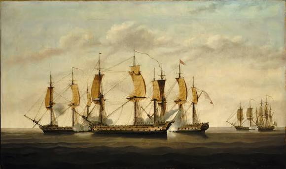 Engagement between three East Indiamen and two French vessels, 8 March 1757 | Royal Museums Greenwich