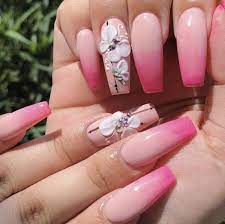 Medium Coffin Nails Pink Hot Pink Ombre With 3d Butterfly S Butterfly Nail Art Butterfly Nail Square Acrylic Nails