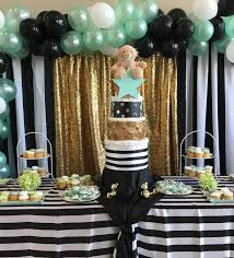 Black And White Baby Shower Ideas Stars Teddy Bears Diaper Cake Mint Gold Black White Baby Shower Dessert Table Center Pie Baby Shower Dessert Table Table Centerpieces Diaper Creations