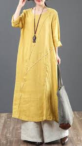 Italian Linen Dresses Fitted Casual Long Sleeve Yellow Spliced Women Dress Italian Linen Dress Fashion Attire Womens Dresses