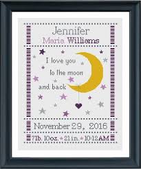 The actual stitches are about 100 x 150 Cross Stitch Birth Sampler Birth Announcement I Love You To The Moon And Back Purples Baby Girl Diy Customizable Pattern Download Cross Stitch Cross Stitch Sampler Patterns Birth Cross Stitch