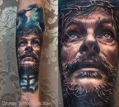 3d ripped skin red cross tattoo on man side rib. Neo Traditional Style Colored Forearm Tattoo Of Jesus Face With Cross Tattooimages Biz